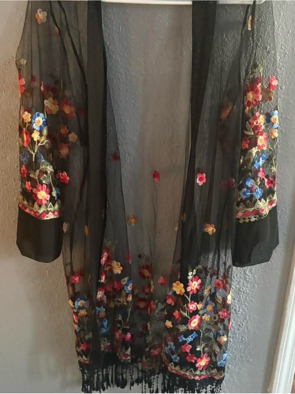 Black Sheer Floral Embroidered Kimono Tunic